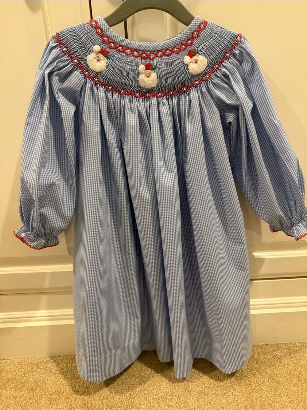 Smocked Light Blue Gingham Long-Sleeve Santa Dress with Red Trim